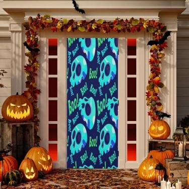 Imagem de Wassud Skulls and Boo decoração de capa de porta banner interno externo decoração de casa de varanda grande decoração de porta da frente 81 x 189 cm
