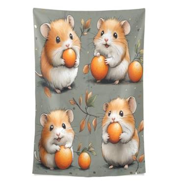 Imagem de STAYTOP Tapeçaria de parede fofa de hamster e laranja para decoração de casa, decoração de dormitório, sala de estar, quarto, tapete de parede (60 × 40 pol)