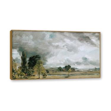 Imagem de Moldura de teca. Arte em tela romantismo estilo constável, (sem título 71), pintura de paisagem inglesa emoldurada, decoração de parede elegante para sala de estar escritório. 40 x 72 cm-15,8 x 28,3