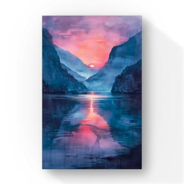 Imagem de Tela Artística Paisagem Noturna, Pintura Montanhas e Lago ao Pôr do Sol em Tons de Rosa e Azul, 60x40 cm, Arte Decorativa para Parede