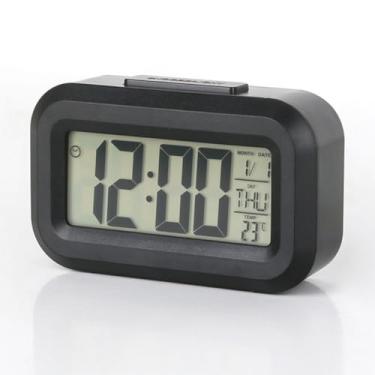 Imagem de Mini Relógio Digital com LED, Despertador e Soneca, Preto e Branco, Portátil, 5,5x9x3cm, com Display de Hora, Data e Temperatura