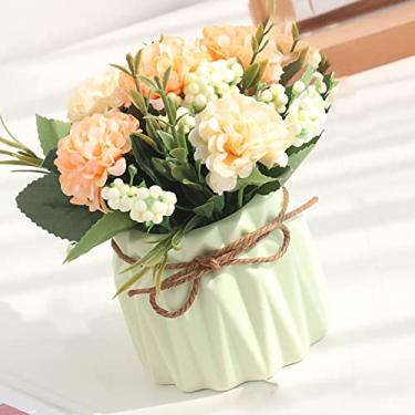 Imagem de Sanpyl Decoração de Flor Em Vaso Artificial de Hortênsia Com Bacia de Cerâmica, Flores Justas e Cheias, Aumenta o Calor da Casa, Perfeita para Quarto e Sala de Estar, Cerâmica de Seda 14,5 Cm (Verde)