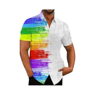 Imagem de Camisa Casual Vintage Havaiana Masculina Com Estampa Floral Arco-Íris 