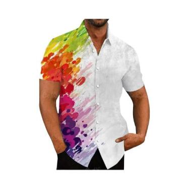 Imagem de Camisa Casual Vintage Havaiana Masculina Com Estampa Floral Arco-Íris 