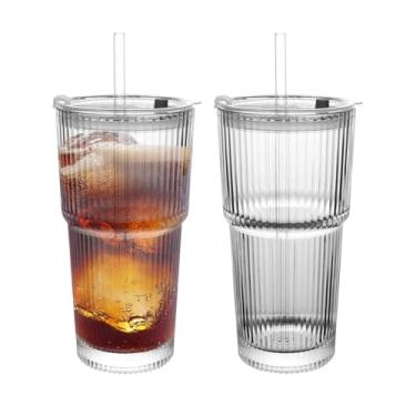 Imagem de Copos de bebida canelados, com tampas e canudos de vidro, copo de vidro de 540 ml, pacote com 6 copos antiquados, vidro espesso para cafés gelados, coquetéis e sucos, perfeitos para famílias e festas