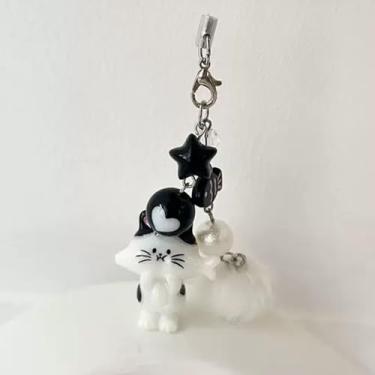 Imagem de 1 chaveiro de desenho animado com contas de peixe e gato em 3D, pingente Kawaii, berloque de telefone brilhante para chaves, mochilas, acessórios fofos (corda de anelar 2,13 x 4,5 cm)