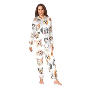 Imagem de Joisal Pijama adulto divertido para cães, gatos, animais de estimação, macacão de corpo inteiro, floral, feminino, roupa de dormir, Cão brincalhão, gato, animal de estimação, G