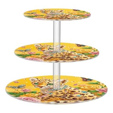 Imagem de Lindas flores de leopardo, borboletas, dourado, chá, festa, cupcake, suporte redondo de 3 camadas, copo de acrílico, torre de bolo, decoração de mesa de casamento, sobremesa, chá, festa, servir