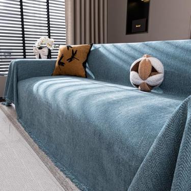 Imagem de Nobildonna Capa de sofá de chenille lavável para animais de estimação, capa de sofá com borla, para 2 almofadas, protetor de móveis, cobertor para sala de estar, azul pedra 180 x 259 cm