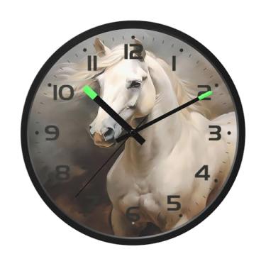 Imagem de SEHANY Relógio de parede artístico majestoso cavalos silencioso, sem tique-taque, relógio redondo operado por bateria, controle de som, luz noturna, relógios de parede para sala de estar, cozinha