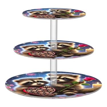Imagem de Sweet Raccoon Rose Love Suporte de cupcake de 3 níveis para festa, exibição de acrílico, torre de bolo, decoração de mesa de chá de bebê, sobremesa, chá, servir, comida, desenho animado