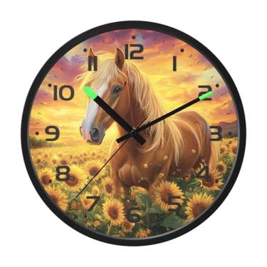 Imagem de SEHANY Relógio de parede artístico majestoso cavalos silencioso, sem tique-taque, relógio redondo operado por bateria, controle de som, luz noturna, relógios de parede para sala de estar, cozinha