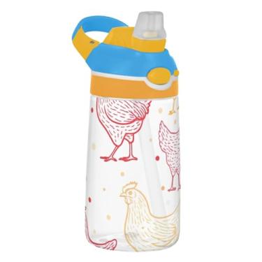 Imagem de Garrafa de água infantil de 473 ml com tampa de palha, garrafa de água esportiva Tritan portátil de 473 ml, copo infantil reutilizável à prova de vazamento, alça de transporte, galinhas de desenho