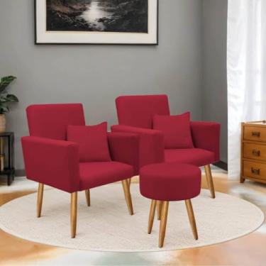 Imagem de Poltrona Decorativa com Puff Sala | Estofada em Suede, Pé Palito Madeira, Conforto e Design Moderno(Vermelho)