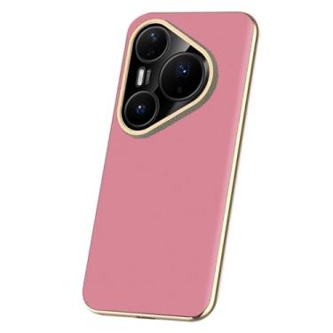 Imagem de LTLMYDAM Capa fina para Huawei Pura 80 Ultra/80 Pro/80 Pro+/80, capa de couro genuíno com lente de envoltório completo, capa de telefone de luxo galvanizada, rosa, 80