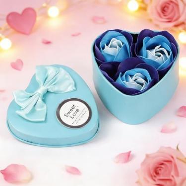 Imagem de 3 peças em forma de flor de rosa, conjunto de caixa de lata para presente de plantas, para aniversário, casamento, dia dos namorados, dia das mães (azul)