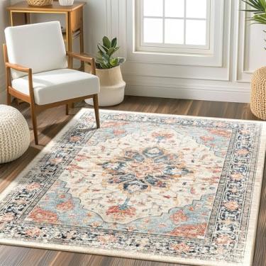 Imagem de RELEANY Tapetes quadrados de 1,2 m, lavável, antiderrapante, floral, vintage, estampa de angústia, tapete medalhão para sala de estar, quarto, sala de jantar, bege, azul marinho, laranja, colorido