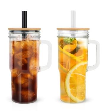Imagem de Luxgola Copo de vidro com alça, pacote com 2, frascos de vidro de 680 g com tampas e canudos, pote de vidro reutilizável de boca larga copo de café gelado, caneca de viagem de café