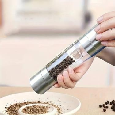 Imagem de Moedor de pimenta de cabeça dupla de aço inoxidável, grossura ajustável, câmaras de armazenamento separadas, moagem rápida de um segundo