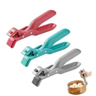 Imagem de 3 pinças para placa quente, prendedor de placa quente multiângulo, clipe de suporte de tigela antiqueimadura multiuso para mover tigelas com comida do forno de micro-ondas (cor aleatória)