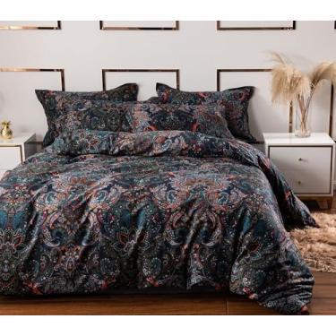 Imagem de Helthep Conjunto de capa de edredom de luxo vintage elegante preto 3 peças king size 106 × 92 polegadas damasco Paisley conjunto de cama retrô 100% algodão escovado com fecho de zíper, coleção de