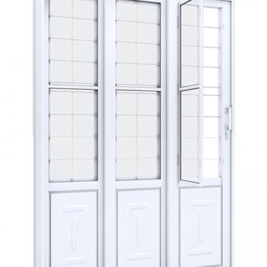 Imagem de Porta de Correr Aço Lateral com Postigo E Grade Quadrada 2 Folhas Móveis E 1 Fixa Lucasa Facilità 213cmx150cmx17cm Branco