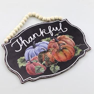 Imagem de CUOFYUNL Sinal de suspensão de madeira de Ação de Graças Padrão de abóbora Sinal de porta frontal com guirlanda Sinal de cabide de porta para parede rústica decoração de festa de
