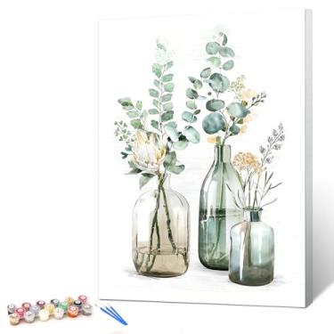 Imagem de Ginkko Kit de pintura por números para adultos iniciantes e crianças de 8 a 12 anos com moldura de madeira fácil de acrílico sobre tela 23 x 30 cm com tintas e pincéis, flor de garrafa (inclui