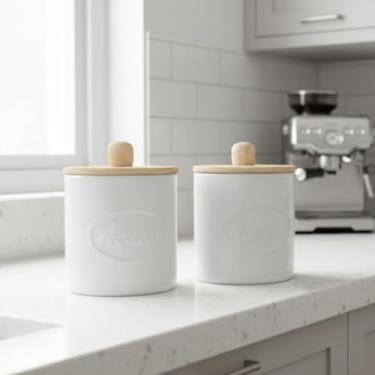 Imagem de Jogo Porta Mantimentos Cerâmica Café e Açúcar 1kg - Conjunto 2 Peças com Tampa de Madeira e Puxador - Kit Organizador de Cozinha Moderno