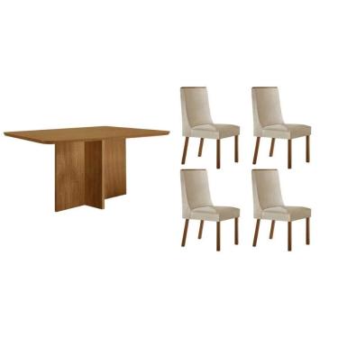Imagem de Sala Jantar Mesa Berlim Tampo Curvo 120cm+4 Cadeiras Dakota Madeira Naturale - Capuccino/Suede Creme - Rufato