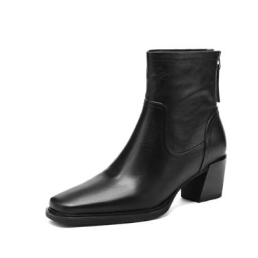 Imagem de TinaCus Bota feminina de cano curto, de couro legítimo, feita à mão, bico quadrado, para festa à moda, Preto, 37