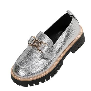 Imagem de Mocassins femininos casuais de salto grosso, bico redondo, fivela de metal, plataforma, retrô, moderno, confortável, Prata, 36