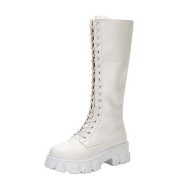 Imagem de Botas femininas de cano alto com sola grossa com cadarço, design elegante para inverno e roupas casuais, Branco, 38