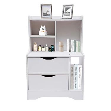Imagem de Mesa de cabeceira alta branca com 2 gavetas e estante de livros, cômoda mesas de cabeceira armários mesa de cabeceira para quartos, armário de armazenamento de madeira cama mesa de cabeceira mesa de c