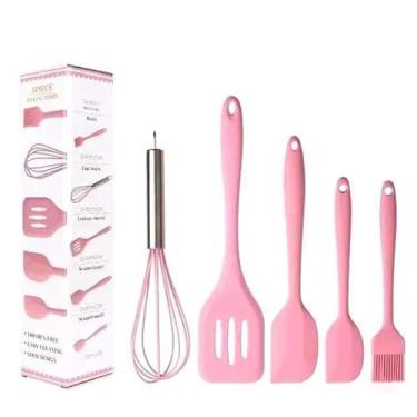 Imagem de Jogo de Cozinha Kit C/12 Pçs de Silicone Utensílios e Copo Suporte para Cozinha Cabo de Madeira Su(5 peças-Rosa)