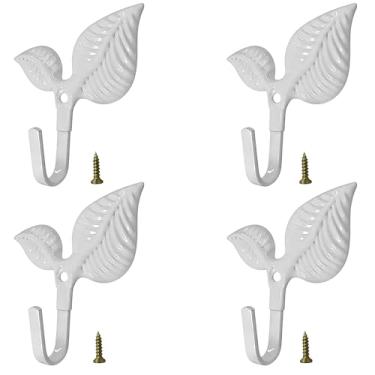 Imagem de Conjunto de 4 ganchos de parede de folha vintage, ganchos de metal branco, ganchos de ferro decorativos resistentes, cabides de parede para pendurar toalhas, casacos, chapéus, lenços, bolsas, chaves