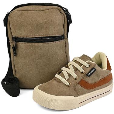 Imagem de Kit Tênis Esportivo Infantil Menino Cano Baixo Com Bolsa Taupe Conforto Mz Shoes-Masculino