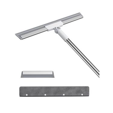 Imagem de Vassoura de rodo de chão com cabo longo, kit de rodo de borracha resistente com 2 cabeças de substituição e 1 pano, esfregão para piso de azulejo, garagem, concreto (conjunto 3 em 1)