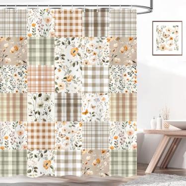 Imagem de Xiaoput Linda cortina de chuveiro floral xadrez, cortinas de chuveiro de tecido floral boêmio marrom para banheiro, conjunto de cortinas de banho retrô com estampa floral quadriculada lavável à prova