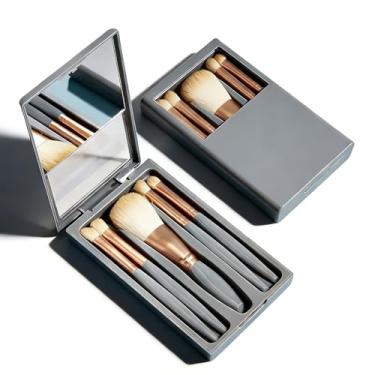 Imagem de Conjunto de 5 pincéis de maquiagem para viagem, kit de pincéis de maquiagem portátil com capa espelhada e tampa transparente para mulheres em movimento, azul