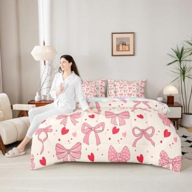 Imagem de Conjunto de cama com estampa de laço rosa para crianças, tamanho casal, estampa geométrica, com 7 peças, listras e floco de neve, decoração romântica, princesa (lençol com elástico + 2 fronhas + 2