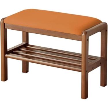 Imagem de Banco de madeira maciça com prateleira de armazenamento, sapateira para porta da frente, organizador de sapatos pequeno para entrada, sala de estar, corredor (60 cm, laranja)