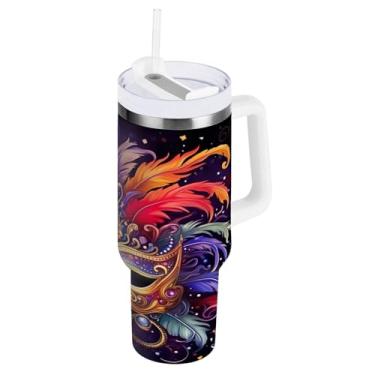Imagem de Blueangle Copo isolado de máscara de carnaval de 1,134 g com alça e tampa de palha, caneca de viagem reutilizável de aço inoxidável (392)