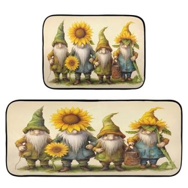 Imagem de xigua Conjunto de 2 peças de tapetes e tapetes de cozinha de gnomos com girassóis, tapetes de cozinha macios absorventes para o chão, tapete de cozinha, antiderrapante, conjunto de capachos, 50 x 120