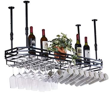 Imagem de Rack de vinho montado na parede com suporte de vidro | Suporte de metal para pendurar no teto para copos de vinho | Suporte de garrafa de vinho moderno para prateleira de parede de cozinha (preto