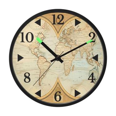 Imagem de STAYTOP Relógio de parede retrô com mapa do mundo LED para quarto com brilho noturno, relógios de parede silenciosos de 30 cm para decoração de sala de estar, controle de som, relógio de parede