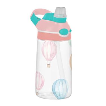 Imagem de xigua Balões de ar quente em aquarela Garrafa de água Tritan com bico de silicone, 480 ml portátil à prova de vazamento com botão bloqueável e alça larga
