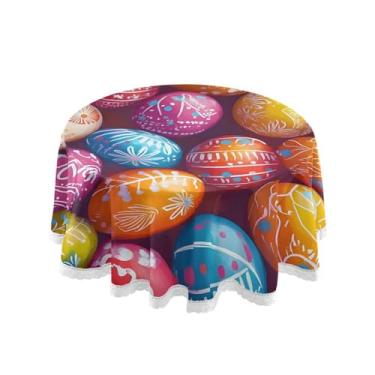 Imagem de Qilmy Toalha de mesa redonda de palmeira de treliça verde, 152 cm, resistente à água, à prova de derramamento, capa de mesa grande para jantar de reunião de família em ambientes internos e externos