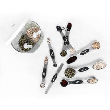 Imagem de Conjunto de colheres de medição magnéticas de aço inoxidável com nivelador, colheres de medição de metal empilháveis para assar, cozinhar, cabe em potes de especiarias