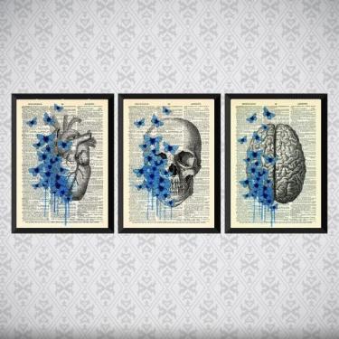 Imagem de Kit 3 Quadros Psicologia Cérebro Coração 24X18Cm Vidro Preta